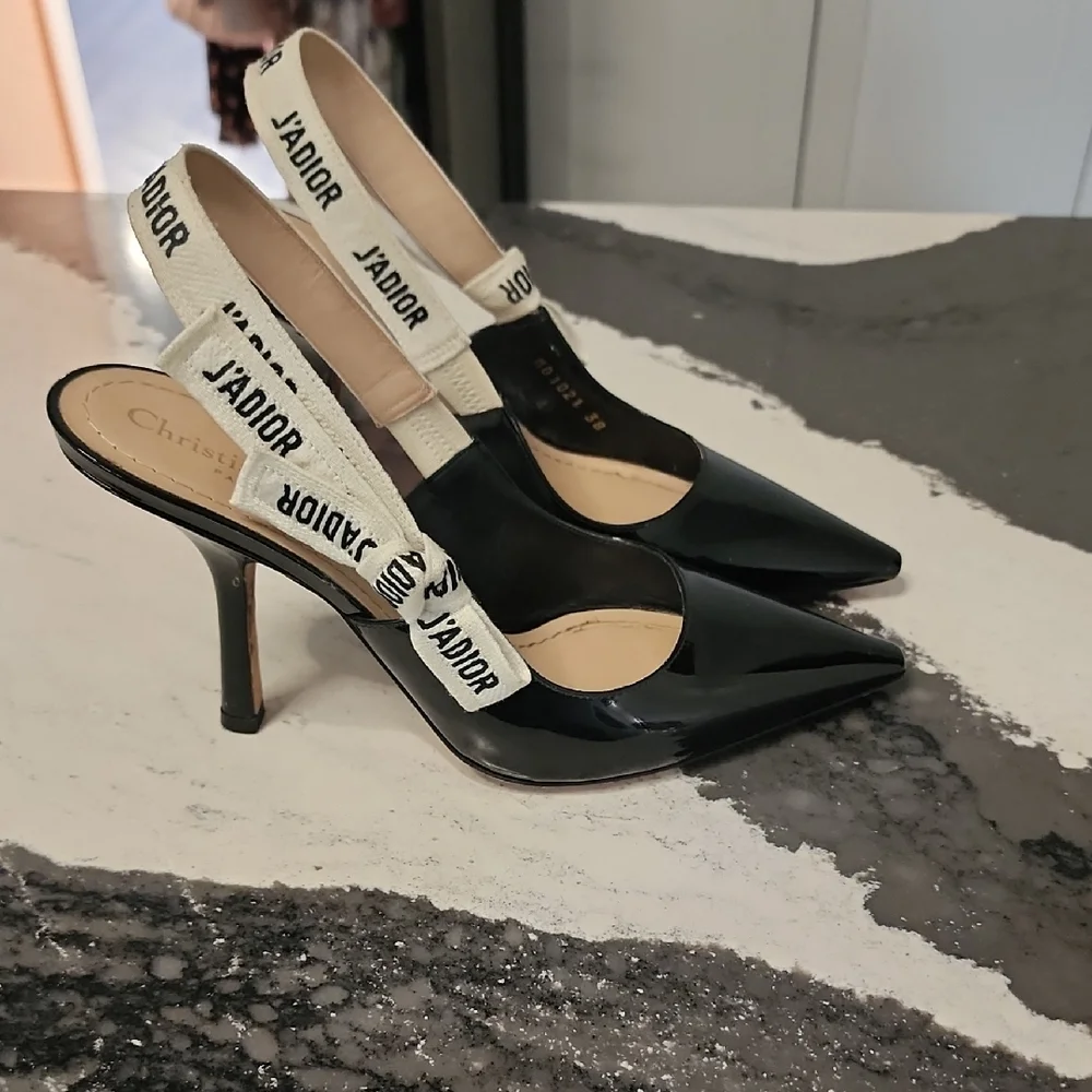 Dior Black Patent Slingback Pumps with White J'Adior Straps - Picture 1 of 5